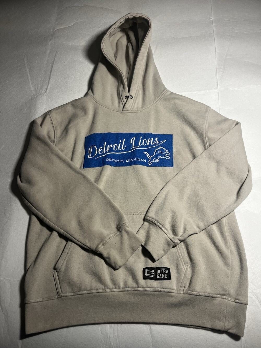 Detroit Lions Ultra Game Mens L Hoodie Tan Blue Embroidered NFL Pullover